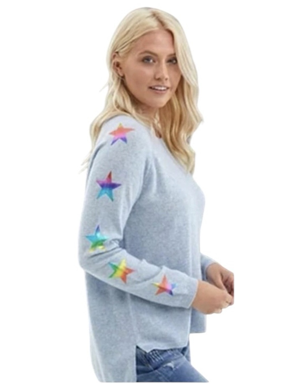 Brodie Cashmere Sky Rainbow Sweater Foil Star Sleeve Blue Cashmere Crewneck XL